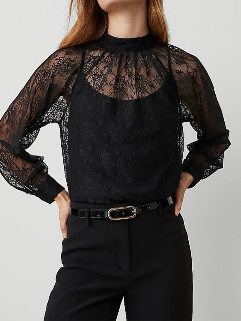 Ann Taylor Black Sheer Floral Lace Mock Neck Long Sleeve Blouse w Cami Medium